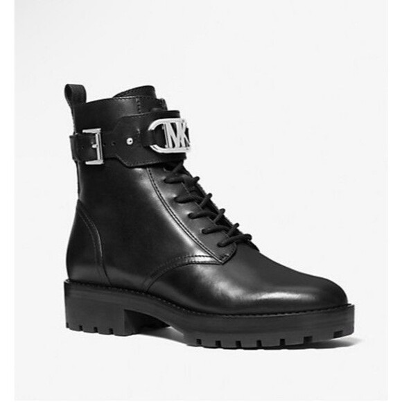 Michael Kors Boots Size 9 Leather Combat Signature Logo Lace Up Chunky Heel Lug - Picture 1 of 13
